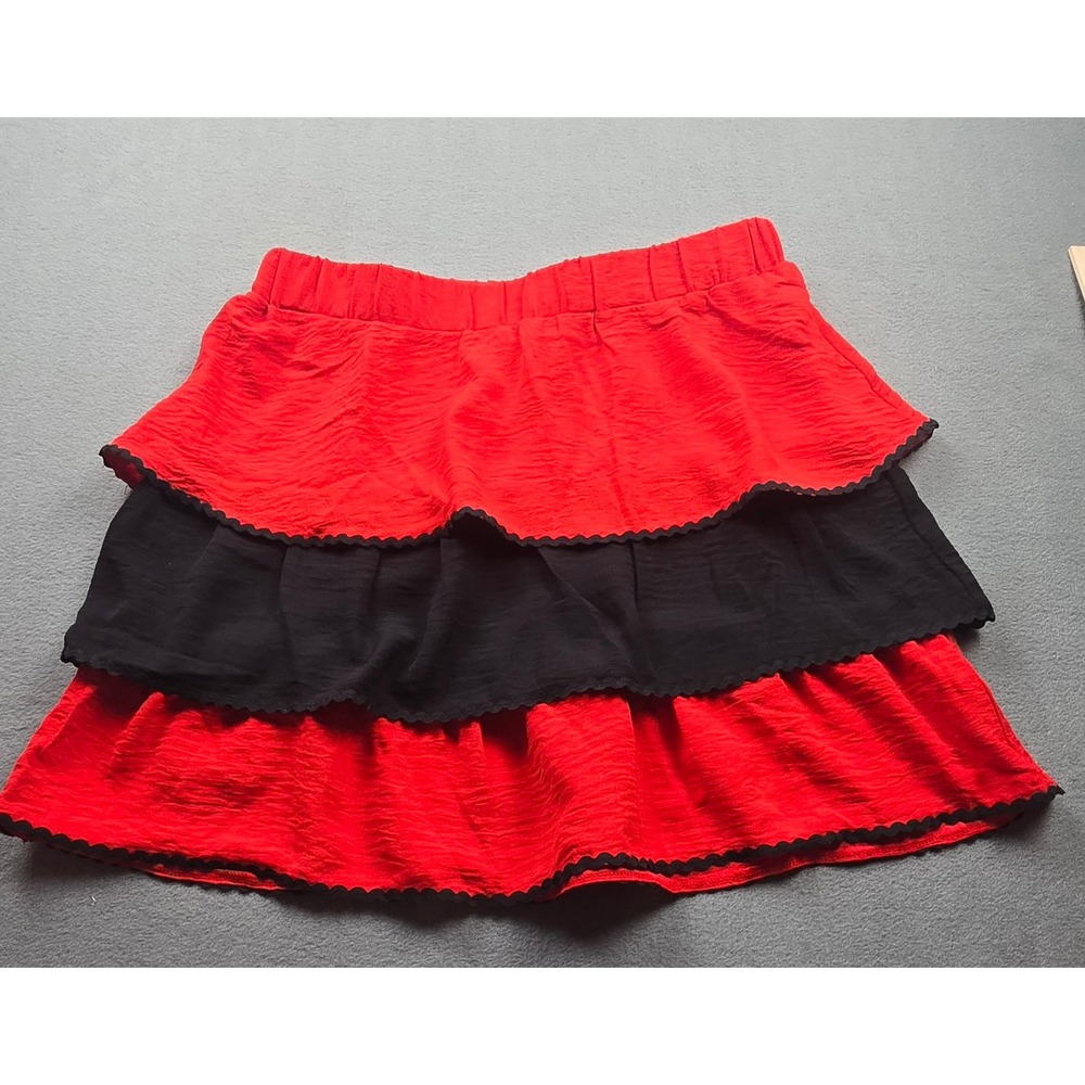 Timing Red Black Tiered Ruffle Mini Skirt Lace Trim Elastic Waist Size L NEW